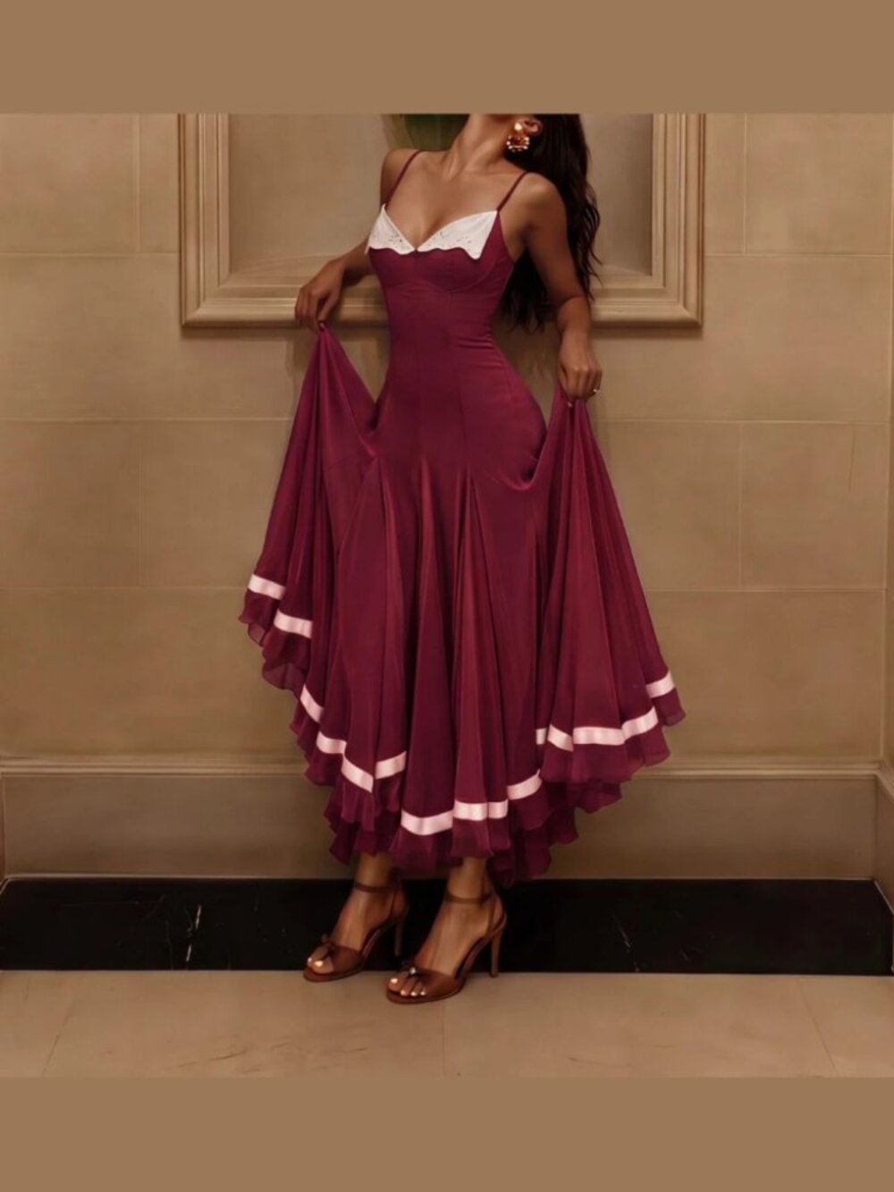 Burgundy Contrast Lace Trim Tiered Ribbon Hem Maxi Dress - Picture 7 of 8